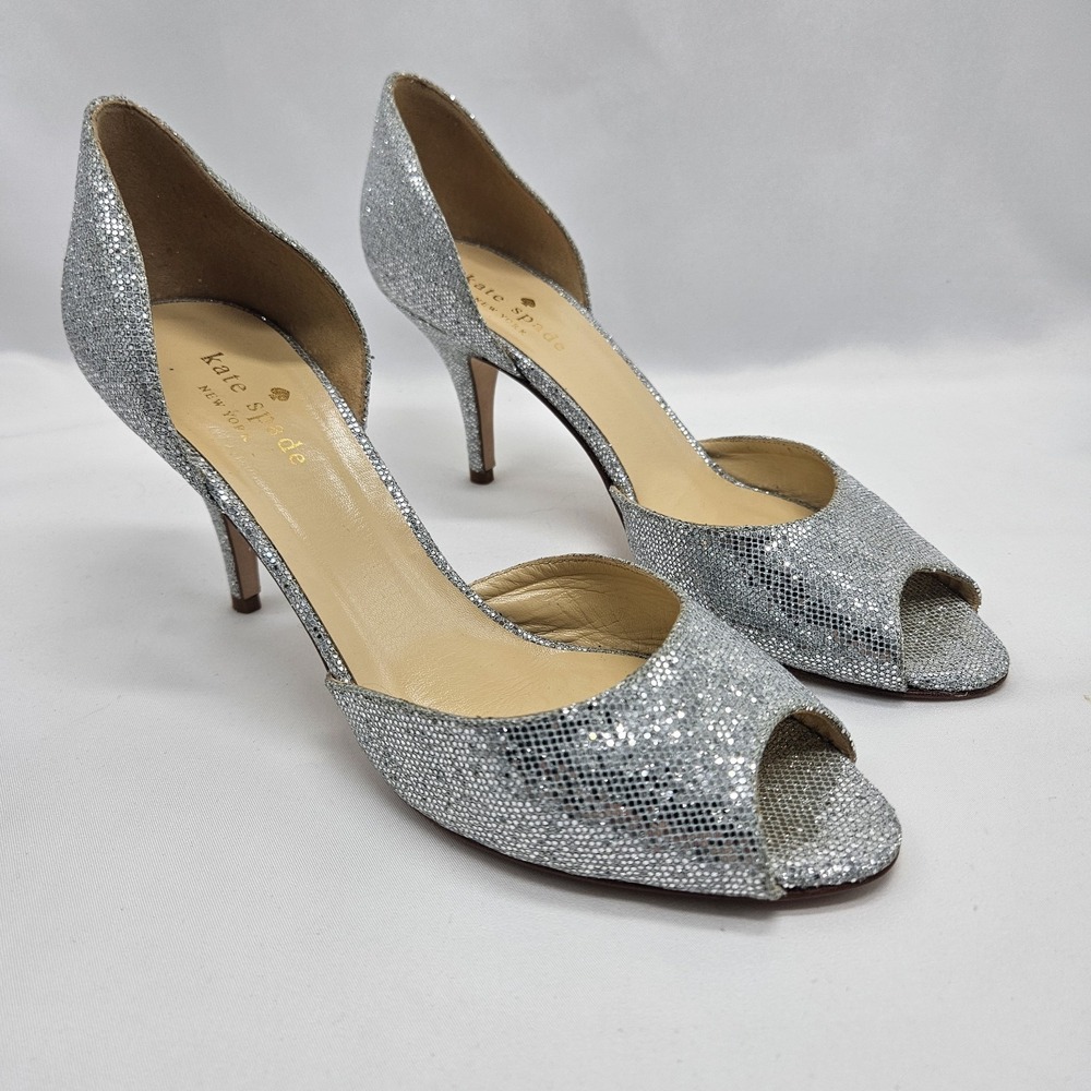 Kate Spade New York Heels Size 7 d'Orsay Open Toe Pumps Silver Glitter Night Out